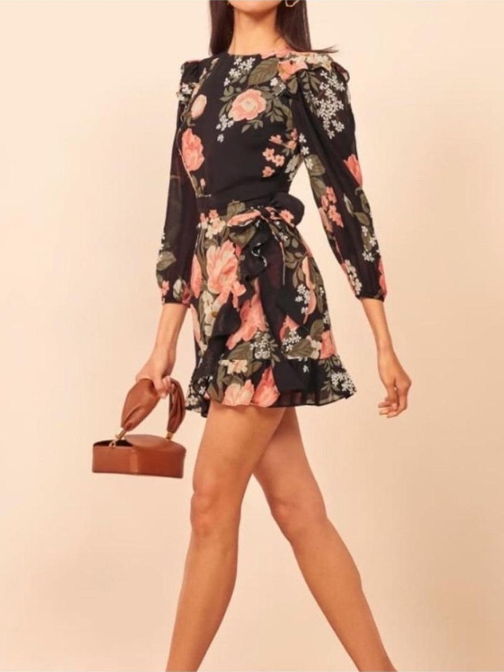 Reformation Quest Floral Wrap Mini Dress Black Pink Romantic Size 2 - Picture 6 of 10